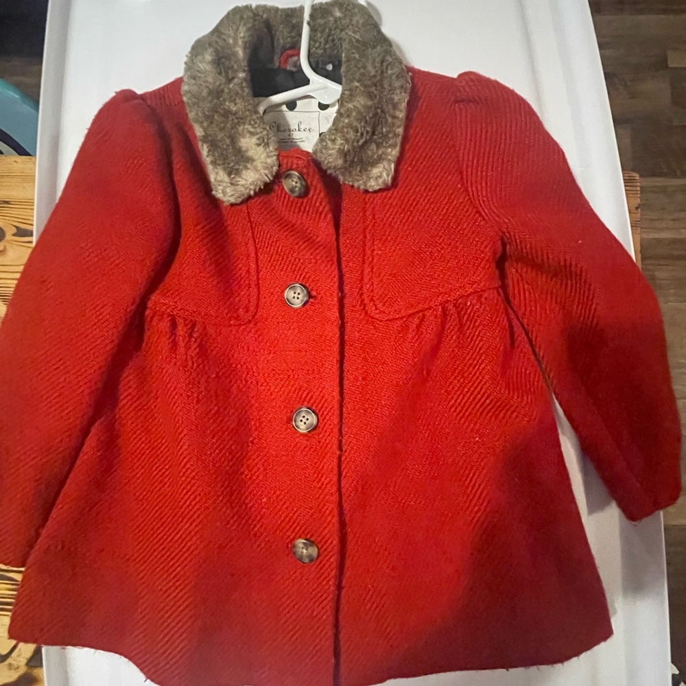 Cherokee Red Kids Pea Coat with Faux Fur Collar